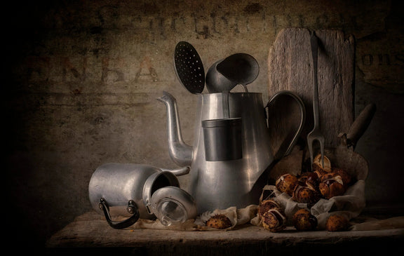 Still Life Oil Painting - Metal Vessels and Chestnuts - Oil Painting Haven