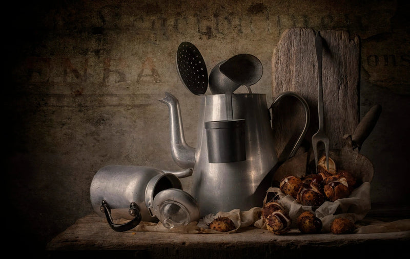 Still Life Oil Painting - Metal Vessels and Chestnuts - Oil Painting Haven