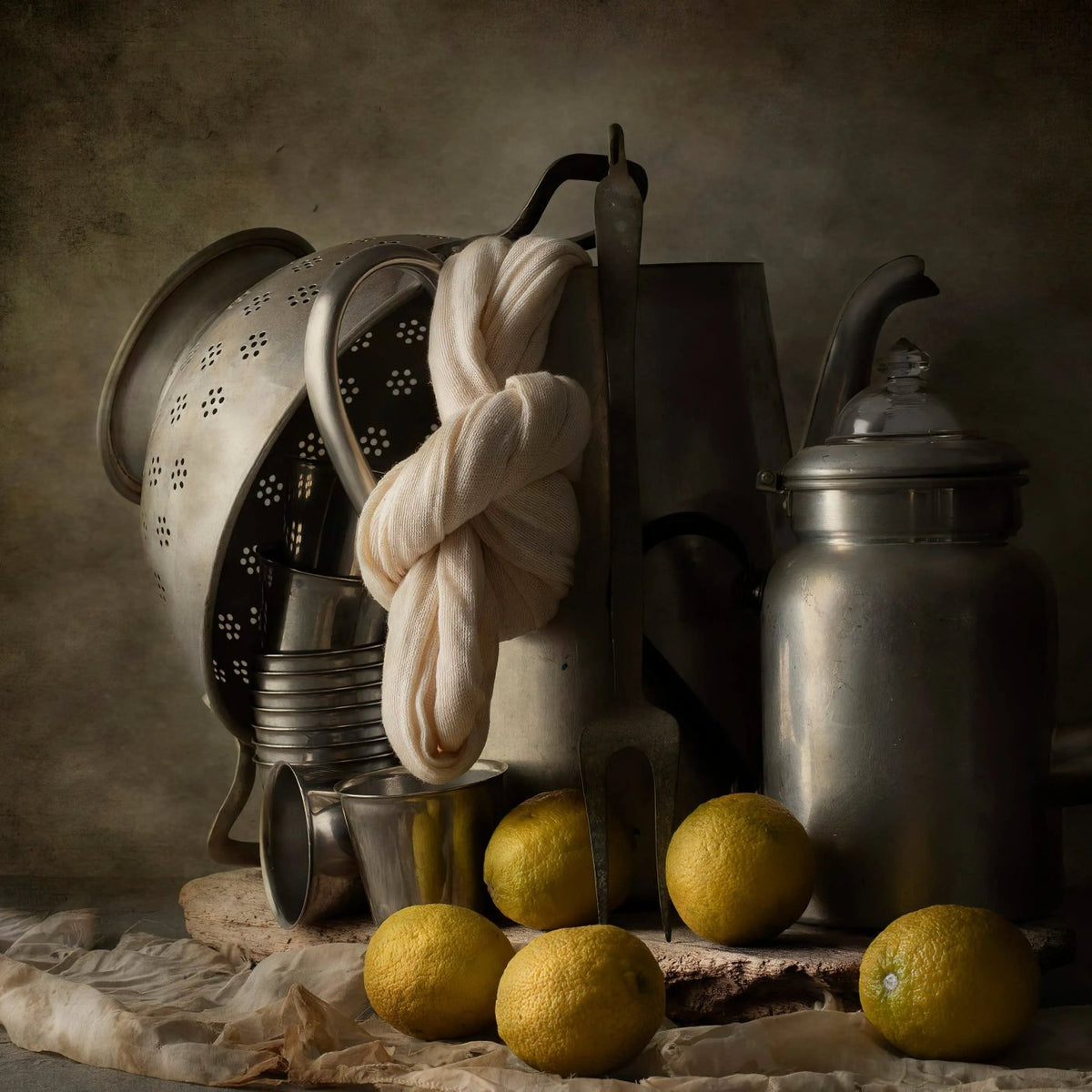 Still Life Oil Painting - Metal Vessels and Lemons - Oil Painting Haven