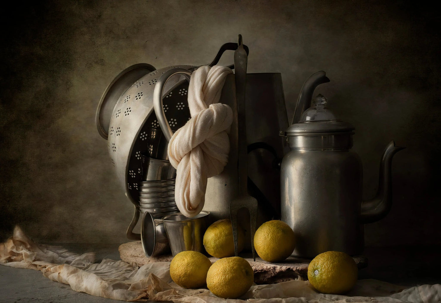 Still Life Oil Painting - Metal Vessels and Lemons - Oil Painting Haven