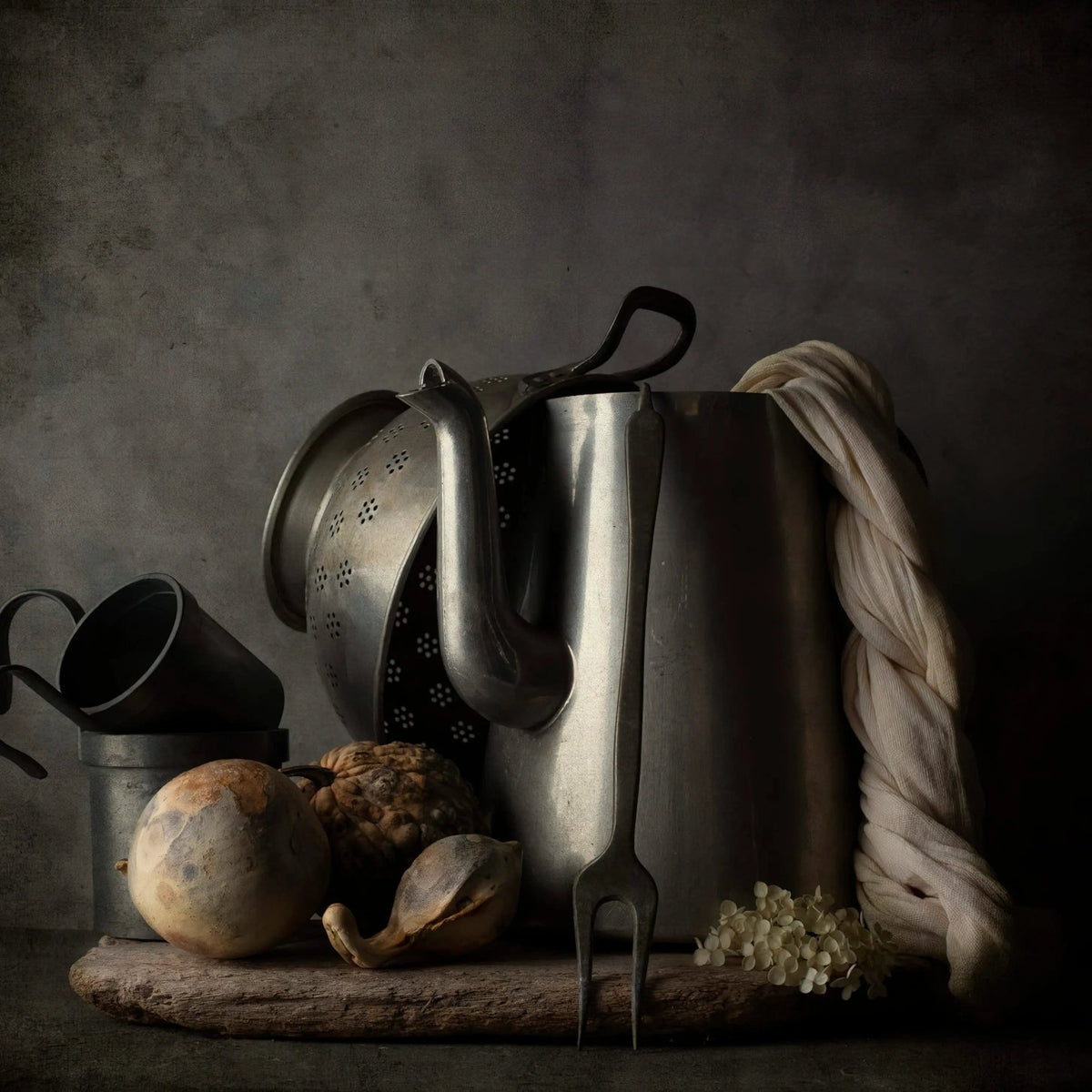 Still Life Oil Painting - Metal Vessels and Unique Produce - Oil Painting Haven