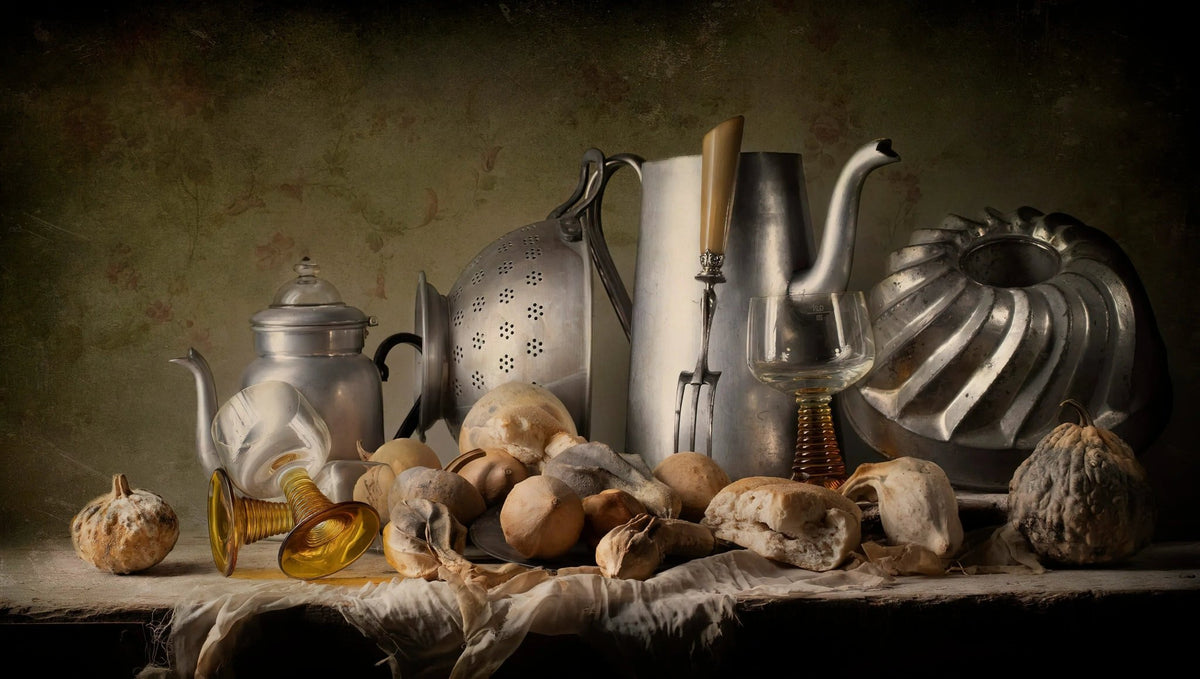 Still Life Oil Painting - Metal Vessels, Glasses and Produce - Oil Painting Haven