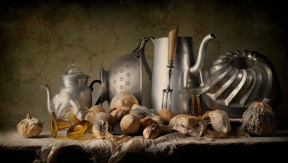 Still Life Oil Painting - Metal Vessels, Glasses and Produce - Oil Painting Haven