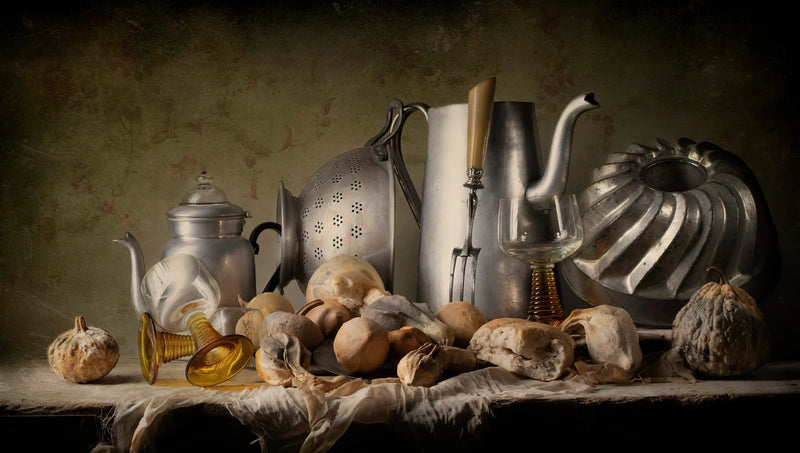 Still Life Oil Painting - Metal Vessels, Glasses and Produce - Oil Painting Haven