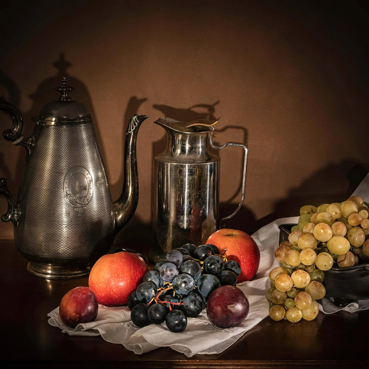 Still Life Oil Painting - Metalware and Fresh Fruits - Oil Painting Haven