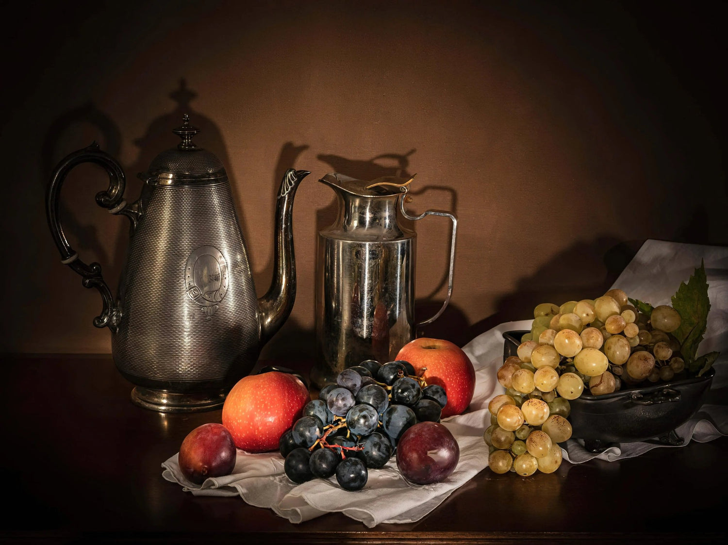 Still Life Oil Painting - Metalware and Fresh Fruits - Oil Painting Haven