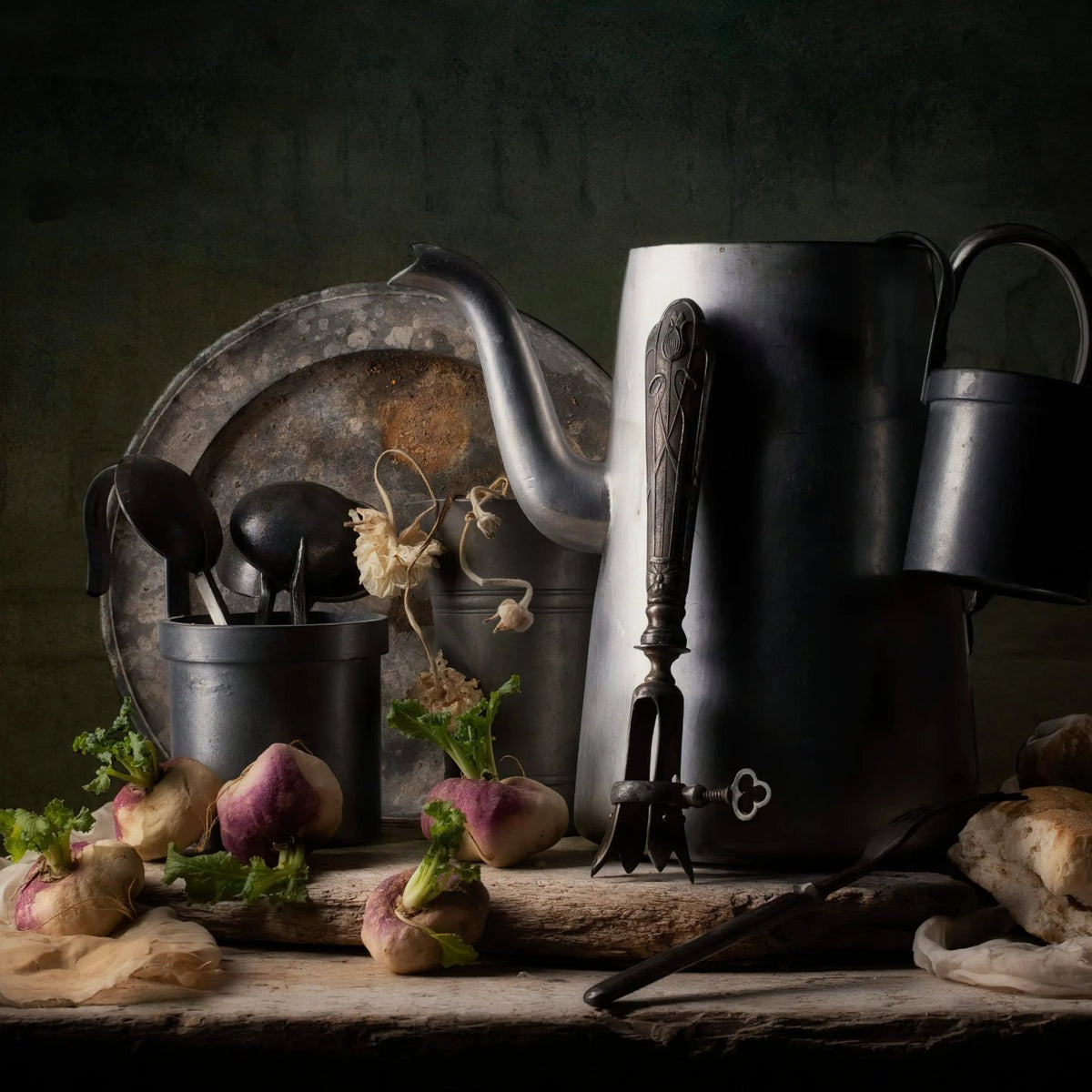 Still Life Oil Painting - Metalware, Turnips and Bread - Oil Painting Haven