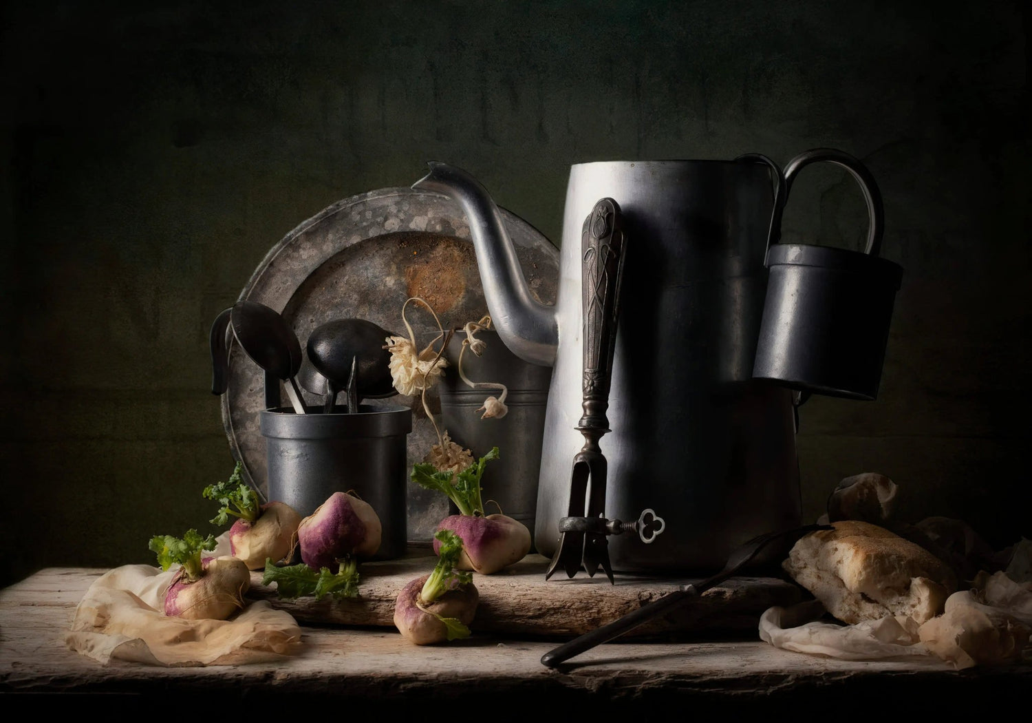 Still Life Oil Painting - Metalware, Turnips and Bread - Oil Painting Haven