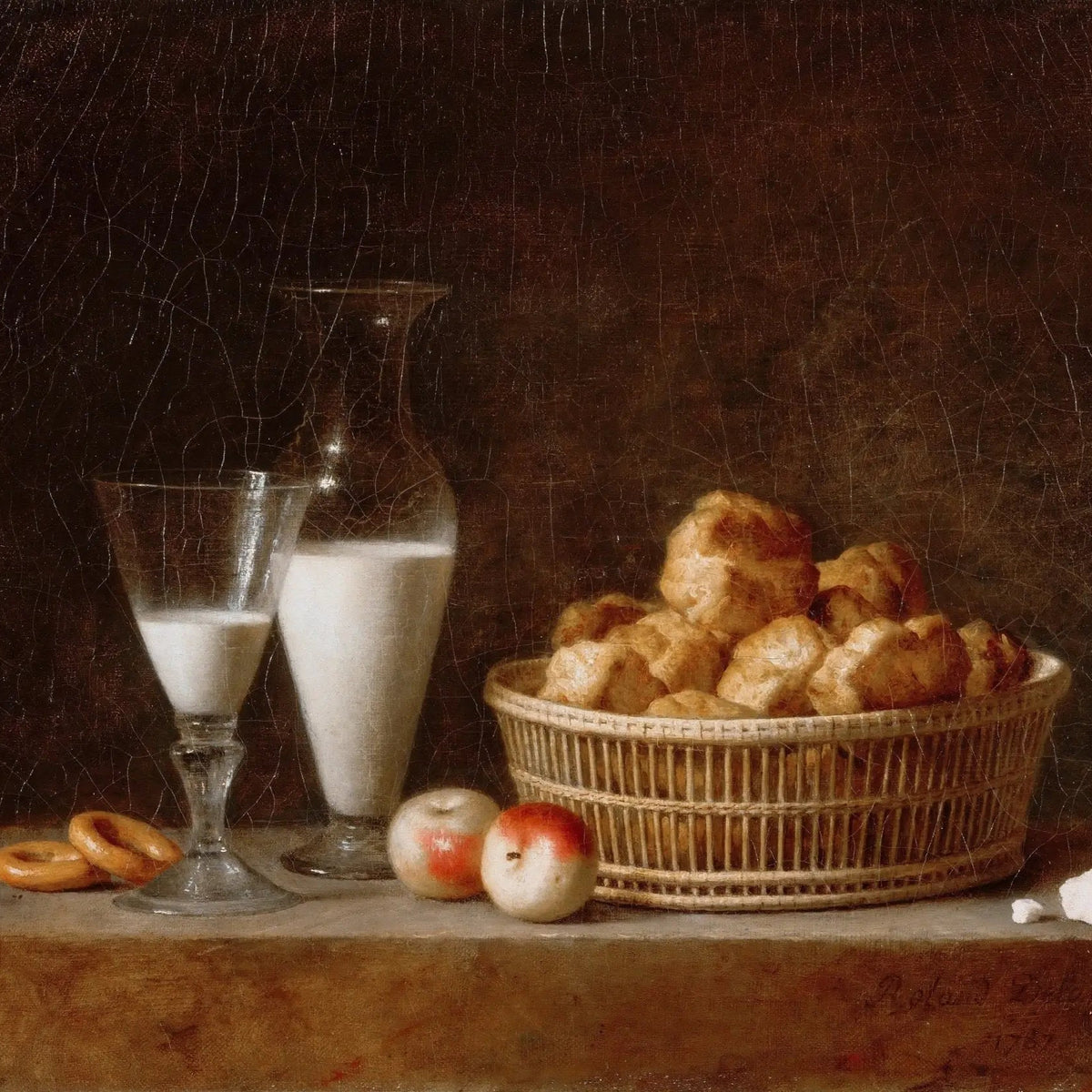 Still Life Oil Painting - Milk, Pastries and Fruits - Oil Painting Haven