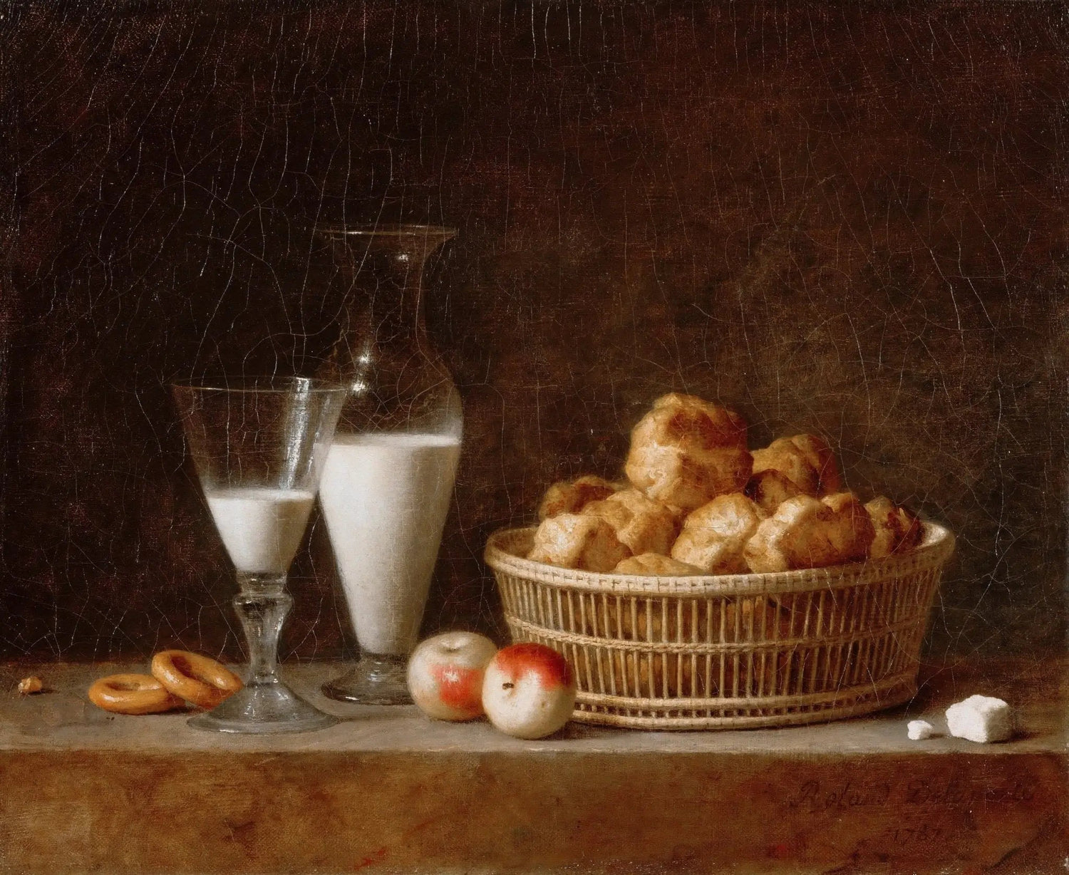 Still Life Oil Painting - Milk, Pastries and Fruits - Oil Painting Haven