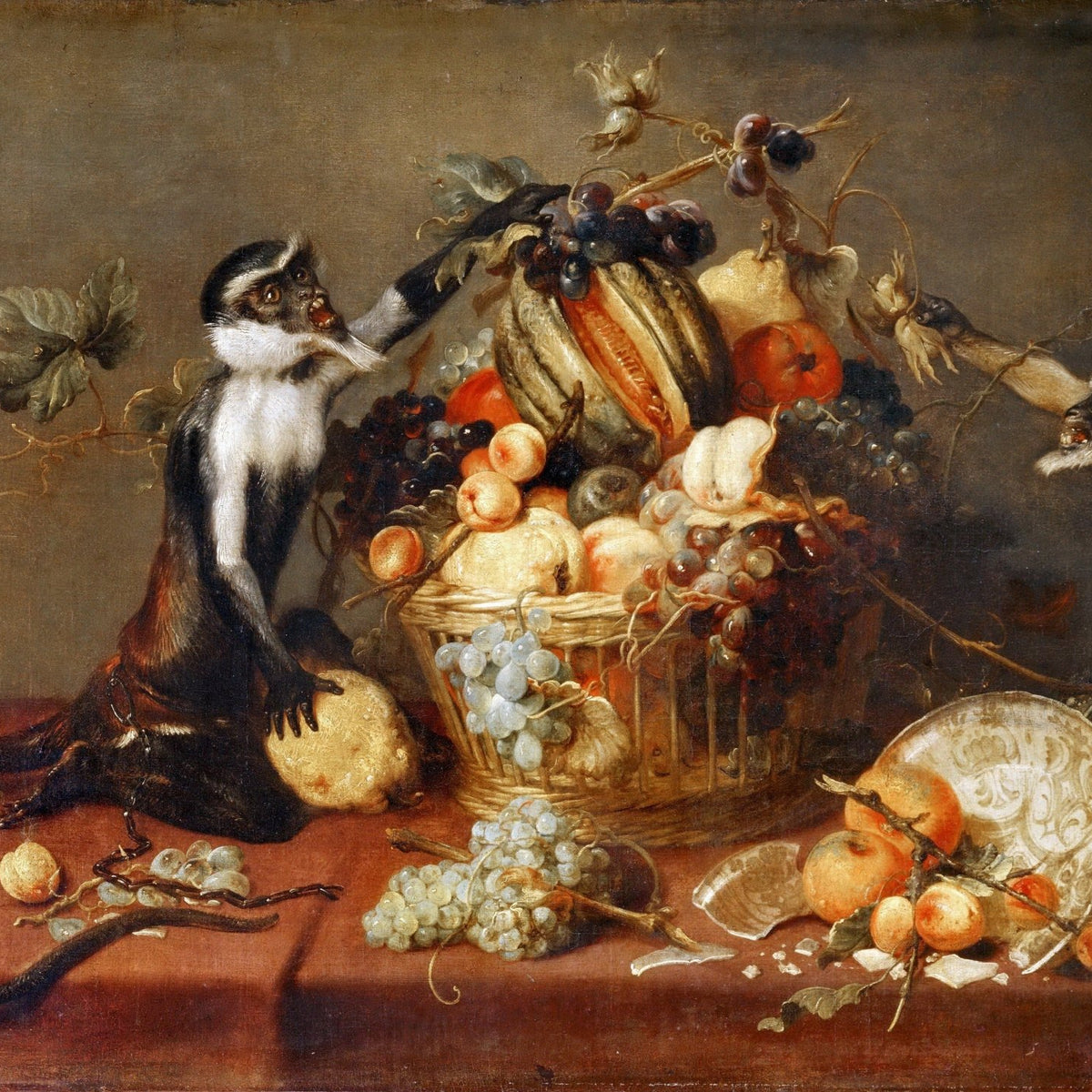 Still Life Oil Painting - Monkeys with Fruit Basket - Oil Painting Haven