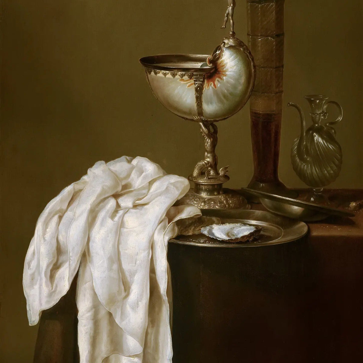 Still Life Oil Painting - Nautilus Cup, Glassware and Cloth - Oil Painting Haven