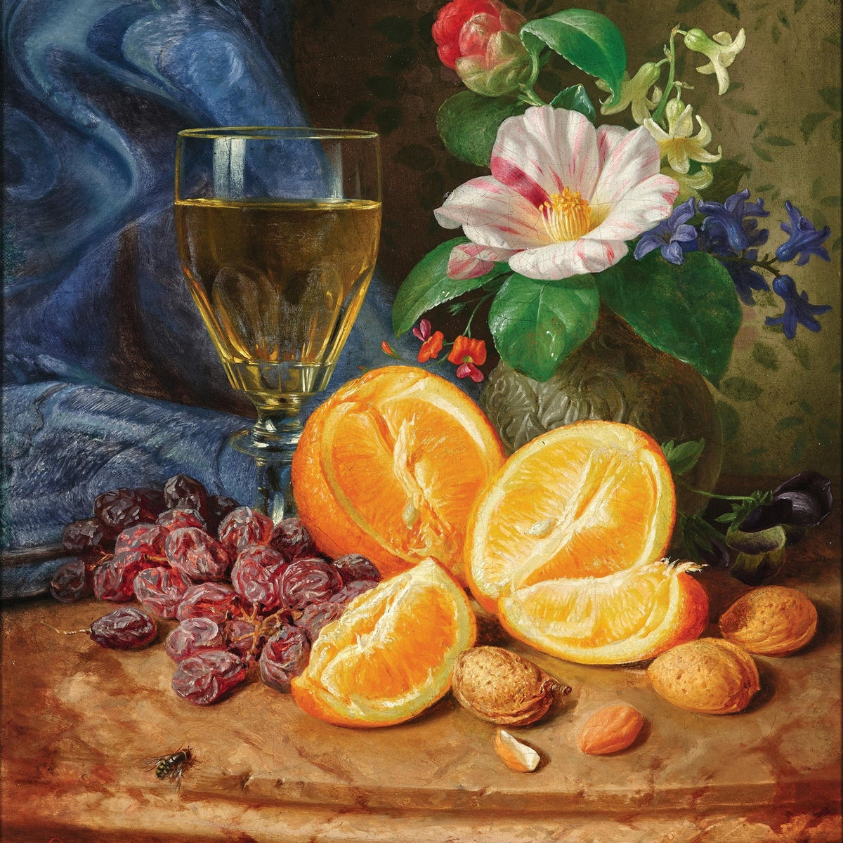 Still Life Oil Painting - Oranges, Wine and Flowers - Oil Painting Haven