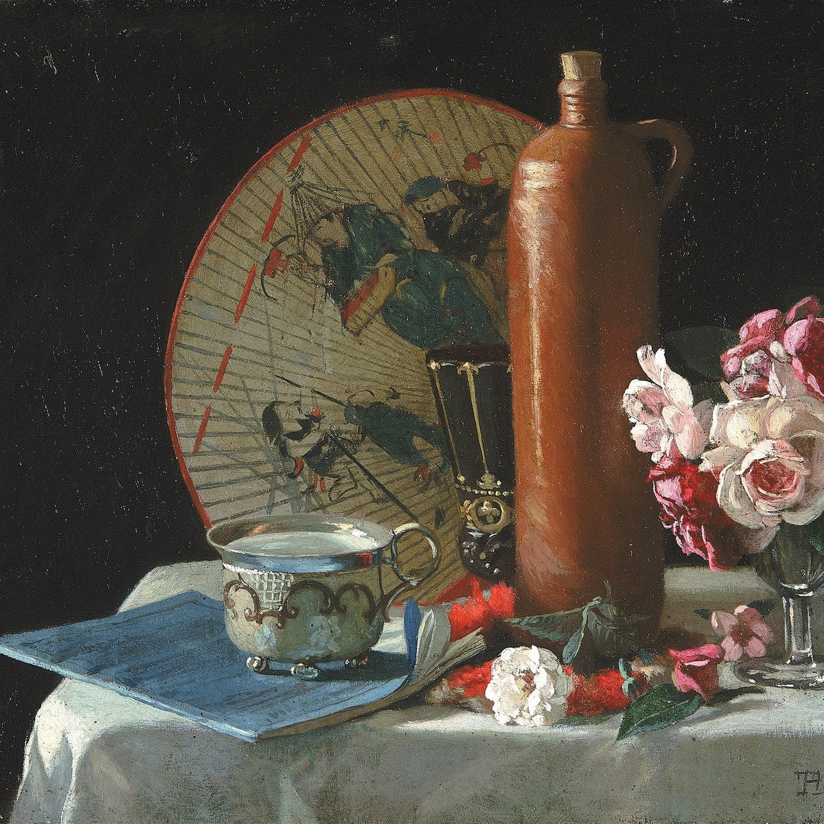 Still Life Oil Painting - Oriental Fan and Roses - Oil Painting Haven