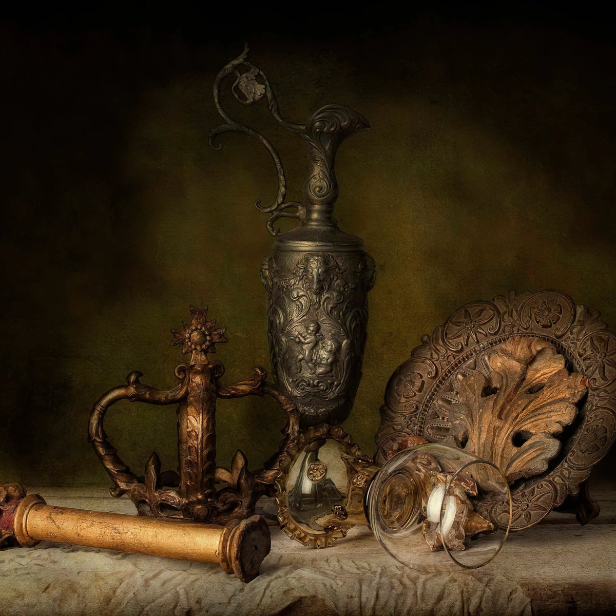 Still Life Oil Painting - Ornate Metalware and Glassware - Oil Painting Haven