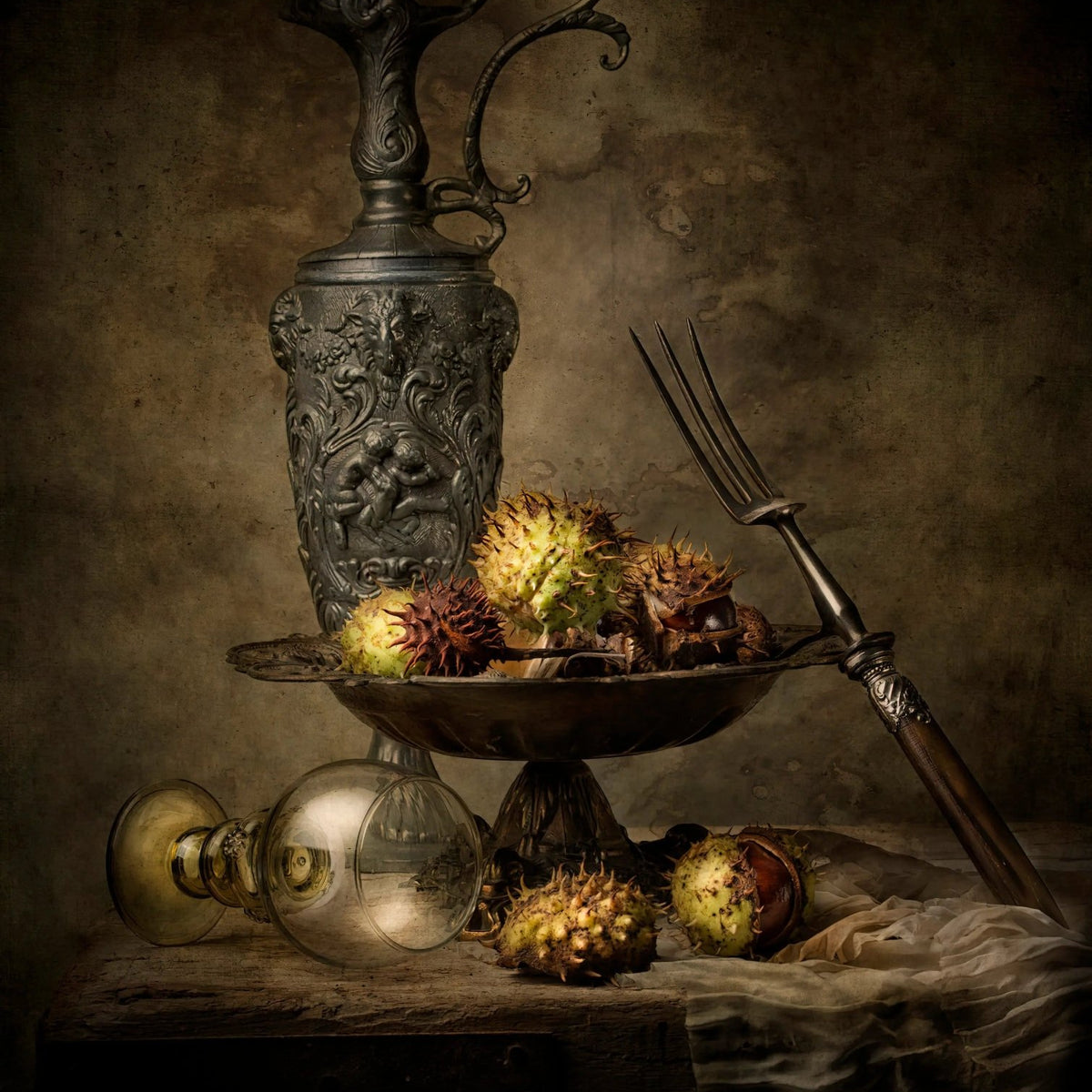Still Life Oil Painting - Ornate Metalware and Spiky Fruits - Oil Painting Haven
