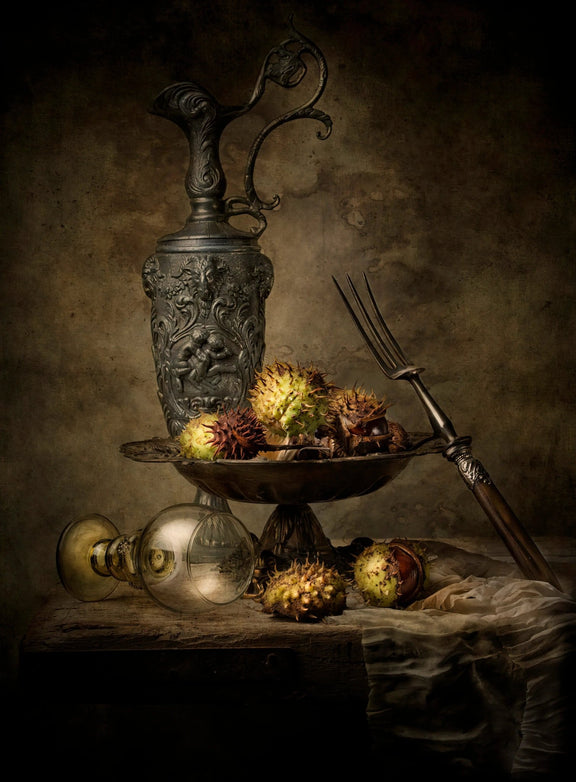 Still Life Oil Painting - Ornate Metalware and Spiky Fruits - Oil Painting Haven