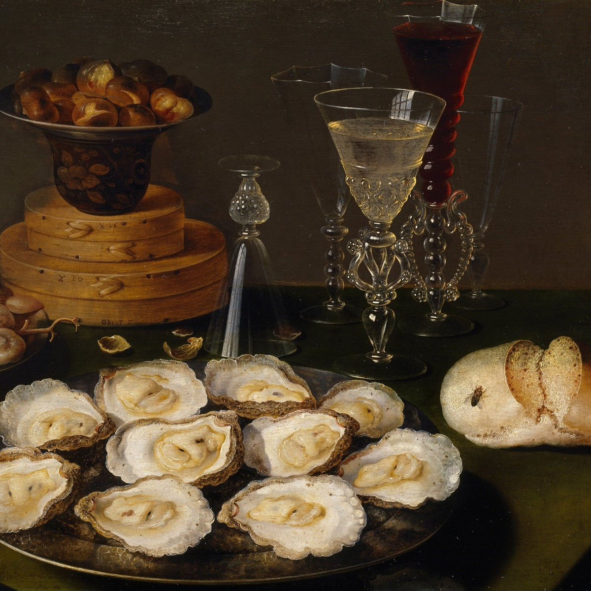Still Life Oil Painting - Oysters, Wine and Bread - Oil Painting Haven