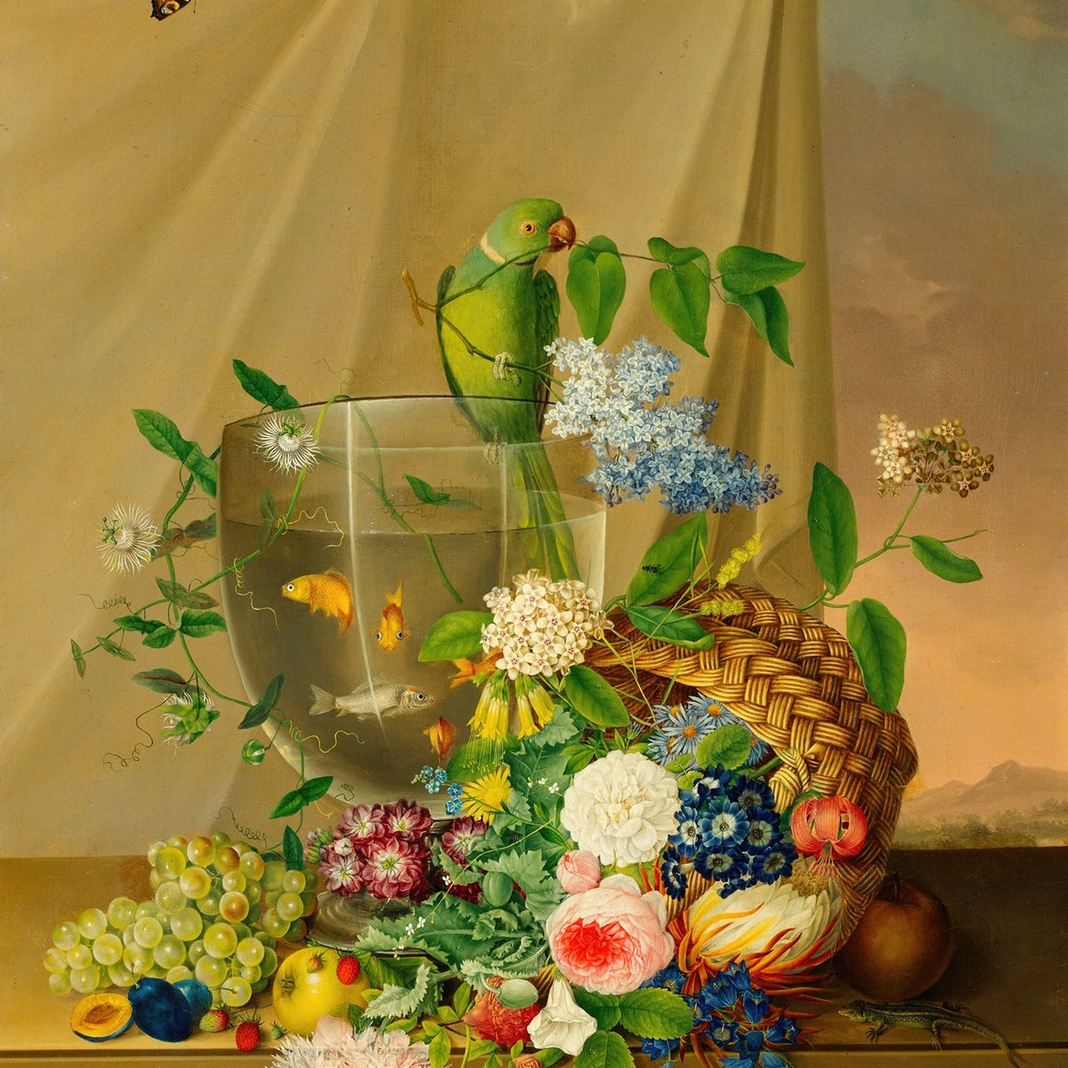 Still Life Oil Painting - Parrot, Flowers and Fruit - Oil Painting Haven