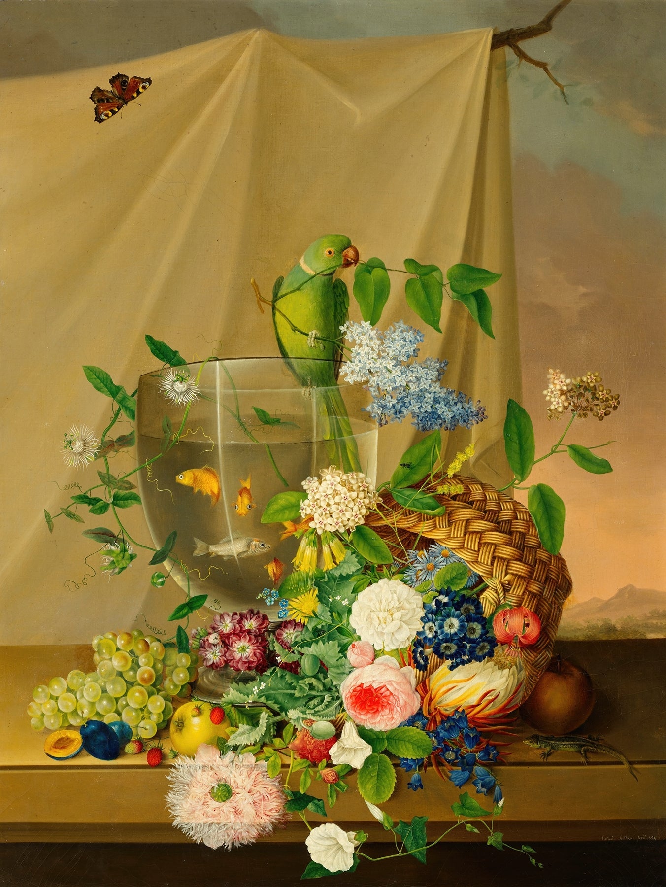 Still Life Oil Painting - Parrot, Flowers and Fruit - Oil Painting Haven