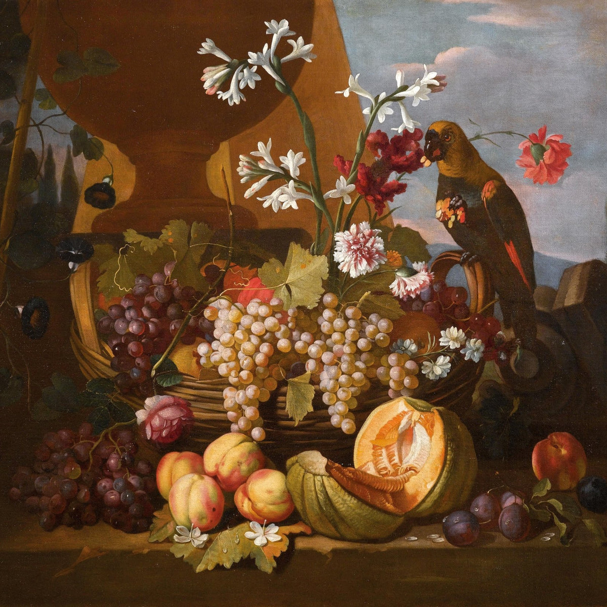 Still Life Oil Painting - Parrot, Grapes and Melon - Oil Painting Haven