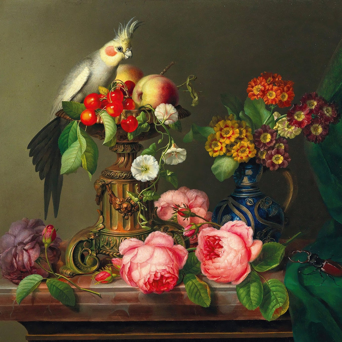 Still Life Oil Painting - Parrot, Roses and Cherries - Oil Painting Haven