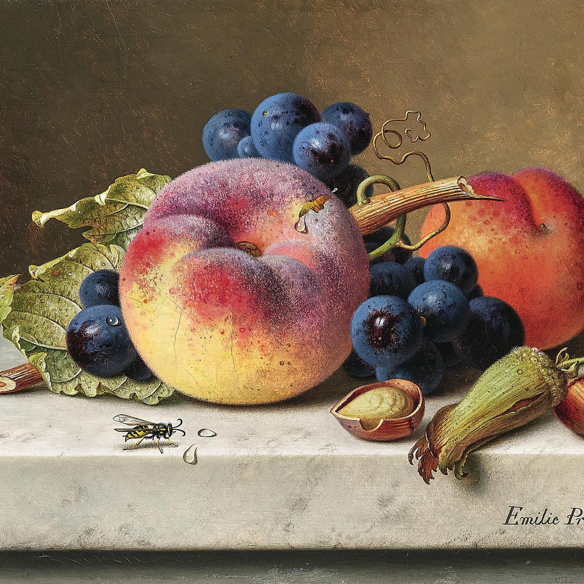 Still Life Oil Painting - Peach, Grapes and Acorn - Oil Painting Haven