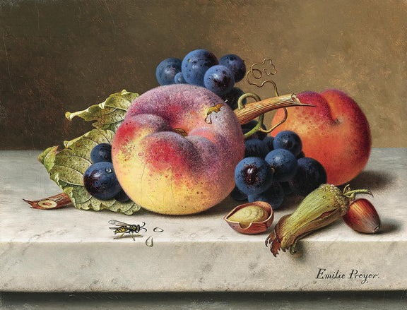 Still Life Oil Painting - Peach, Grapes and Acorn - Oil Painting Haven