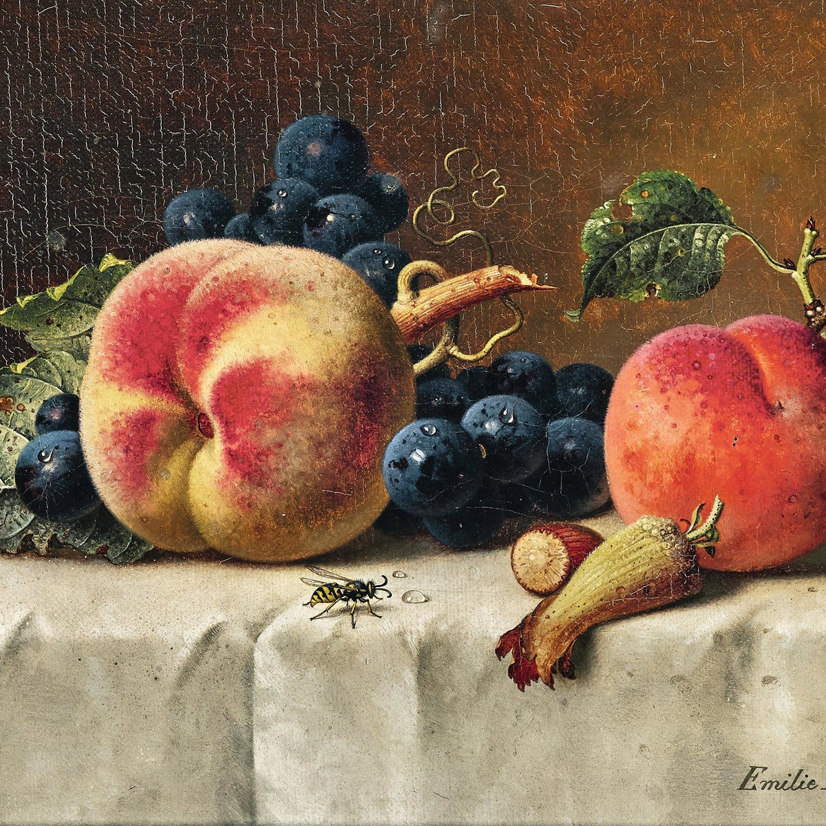 Still Life Oil Painting - Peaches and Dark Grapes - Oil Painting Haven