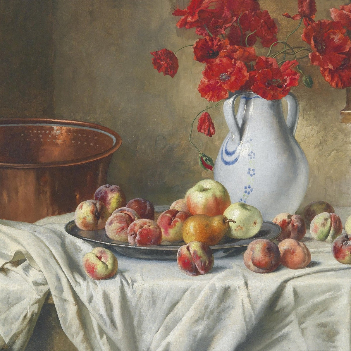 Still Life Oil Painting - Peaches and Red Poppies - Oil Painting Haven