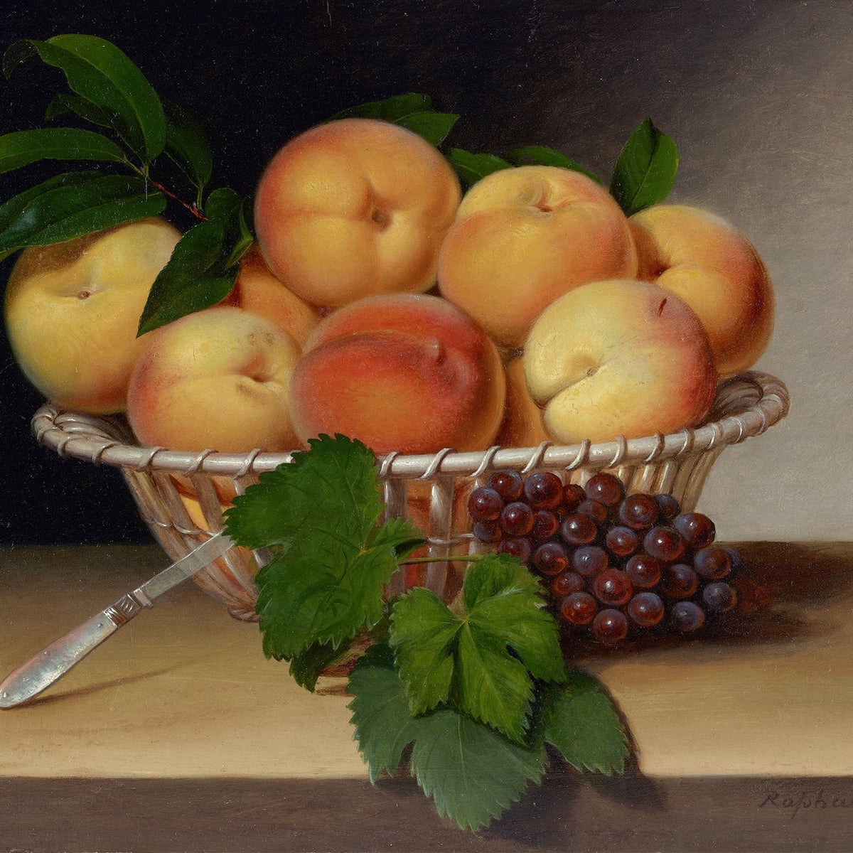 Still Life Oil Painting - Peaches, Grapes and Basket - Oil Painting Haven