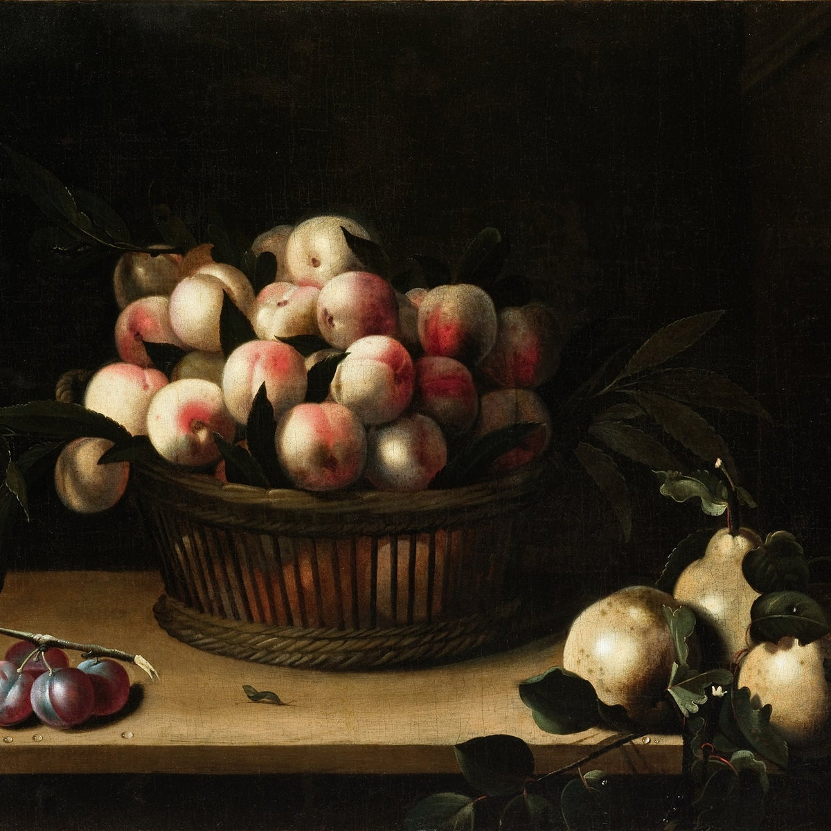 Still Life Oil Painting - Peaches in Rustic Basket - Oil Painting Haven