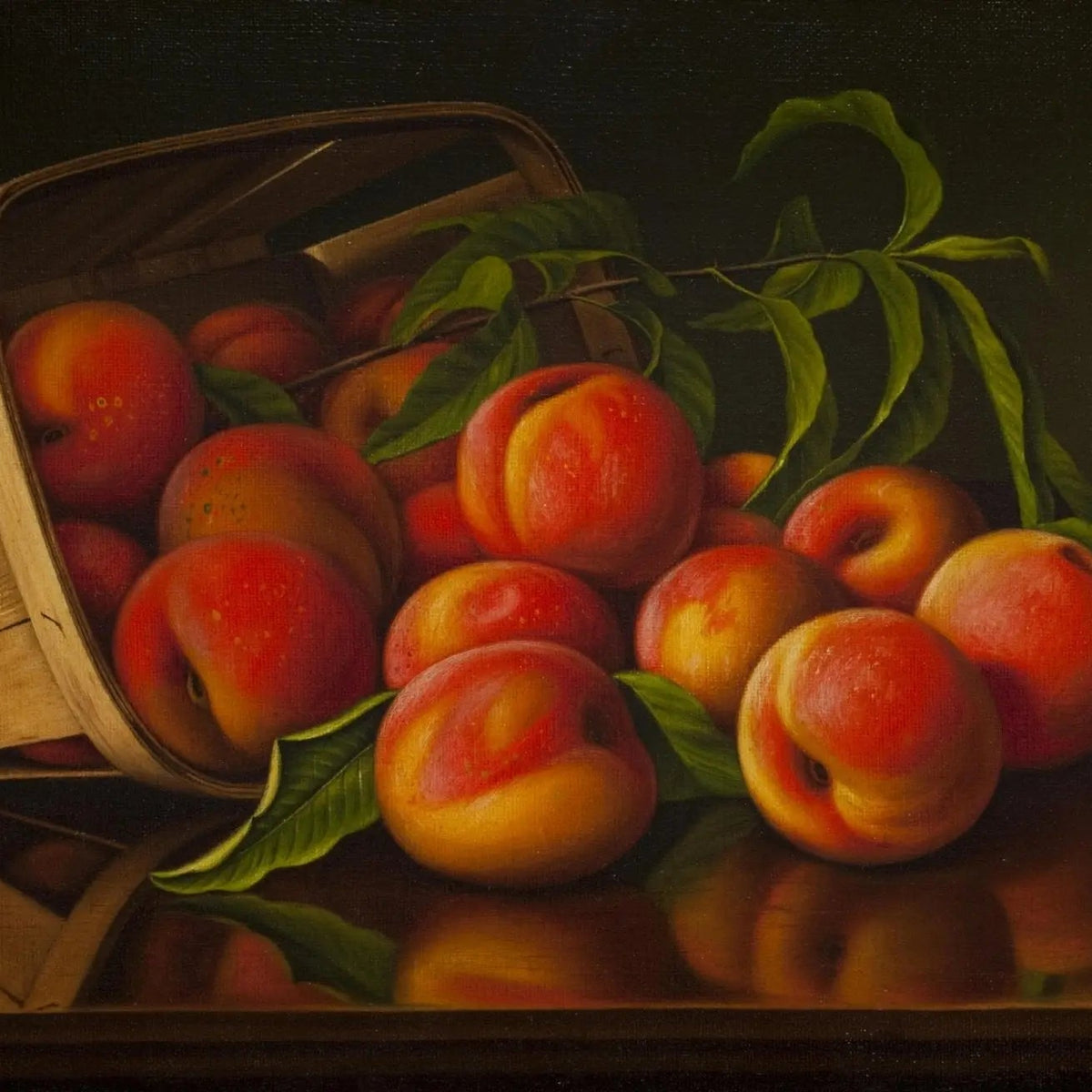 Still Life Oil Painting - Peaches in Wooden Basket - Oil Painting Haven