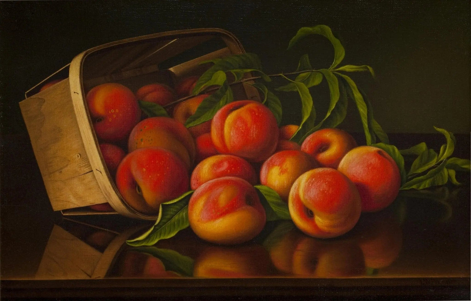 Still Life Oil Painting - Peaches in Wooden Basket - Oil Painting Haven