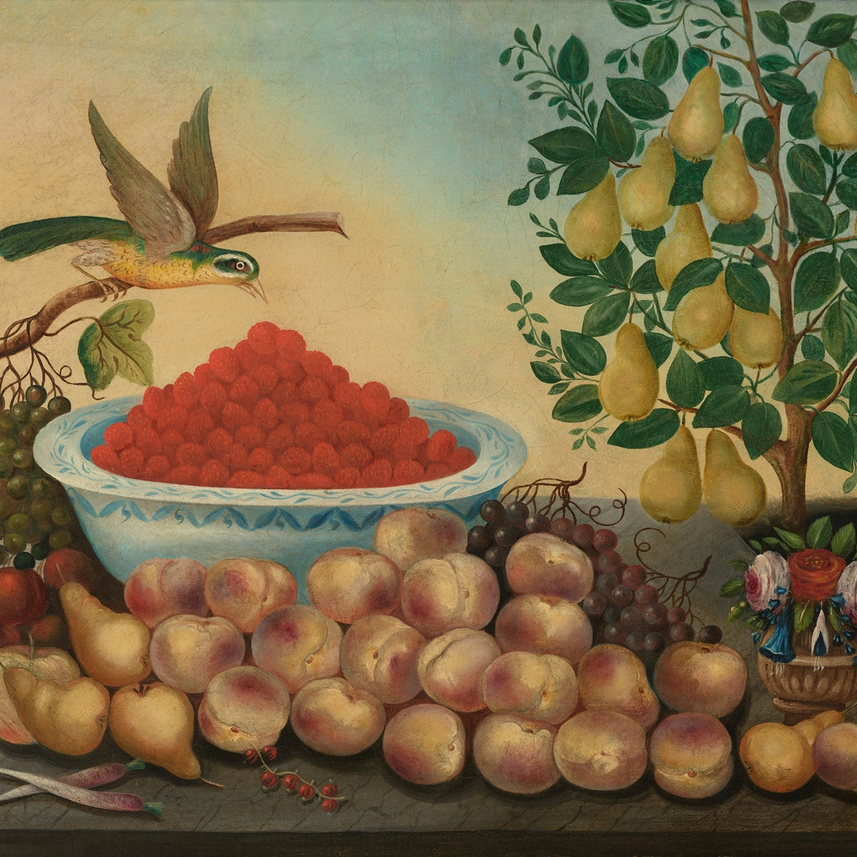 Still Life Oil Painting - Peaches, Pears and Bird - Oil Painting Haven