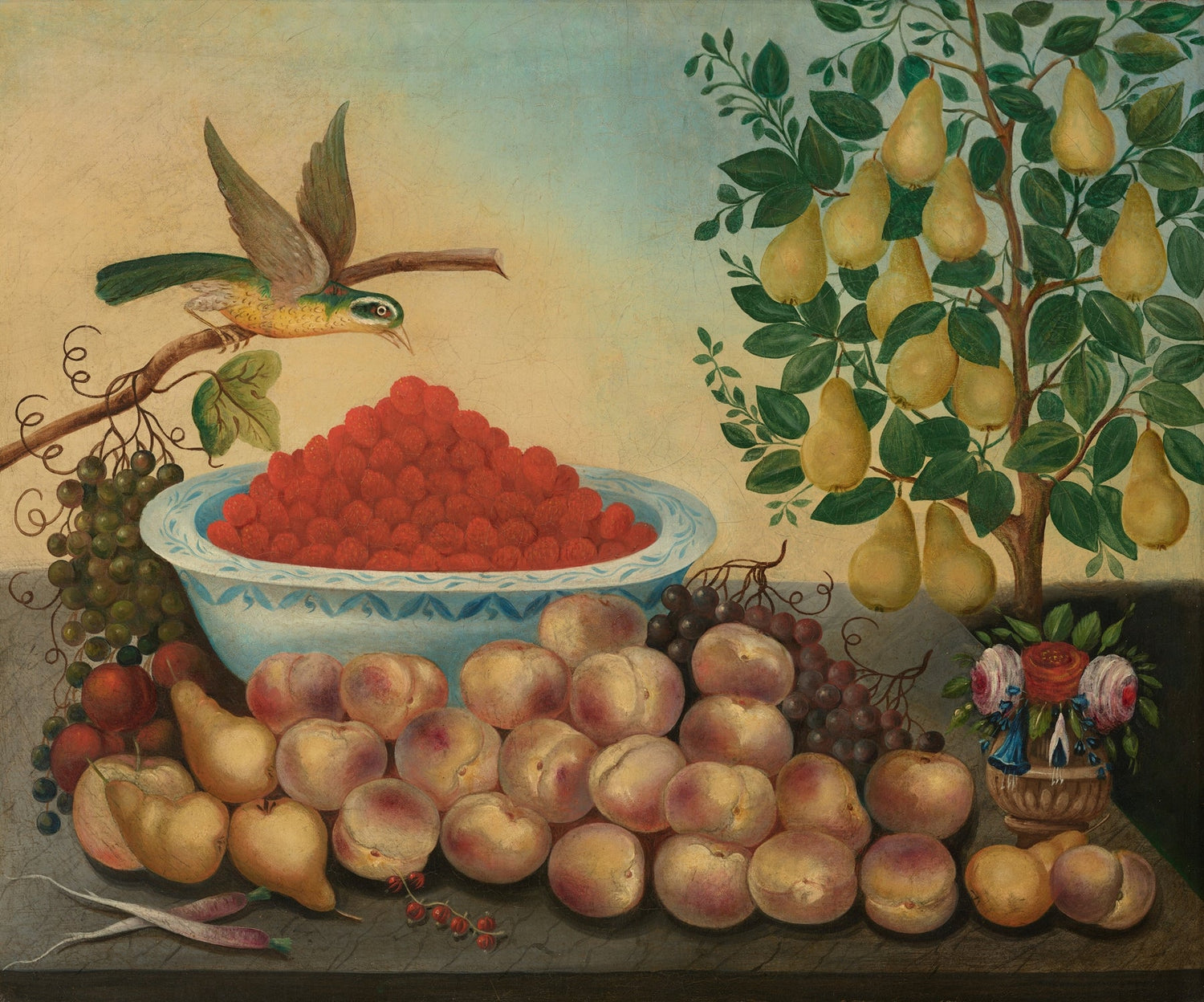 Still Life Oil Painting - Peaches, Pears and Bird - Oil Painting Haven