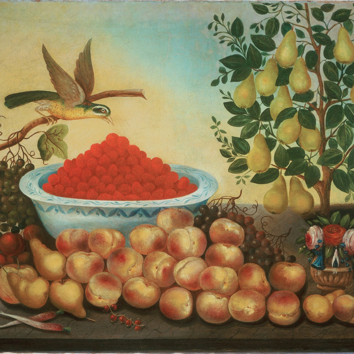 Still Life Oil Painting - Peaches, Pears and Bird