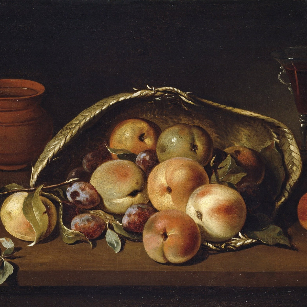 Still Life Oil Painting - Peaches, Plums and Wine Glass - Oil Painting Haven