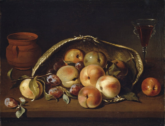 Still Life Oil Painting - Peaches, Plums and Wine Glass - Oil Painting Haven