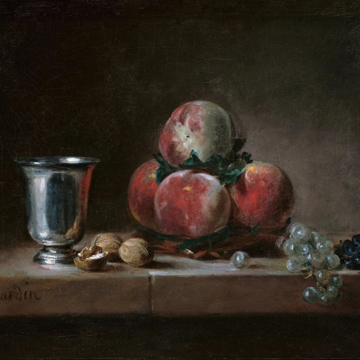 Still Life Oil Painting - Peaches, Silver Goblet and Nuts - Oil Painting Haven