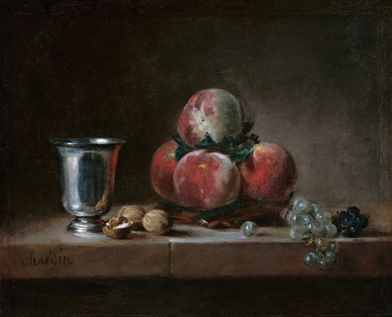 Still Life Oil Painting - Peaches, Silver Goblet and Nuts - Oil Painting Haven