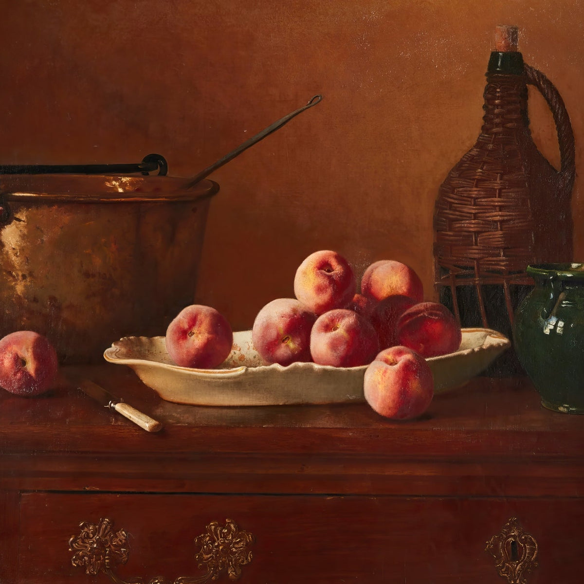 Still Life Oil Painting - Peaches with Copper Pot - Oil Painting Haven