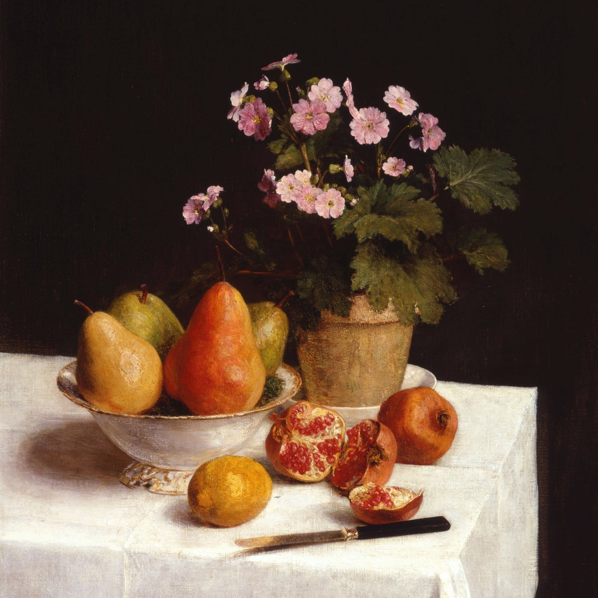 Still Life Oil Painting - Pears, Pomegranate and Flowers - Oil Painting Haven