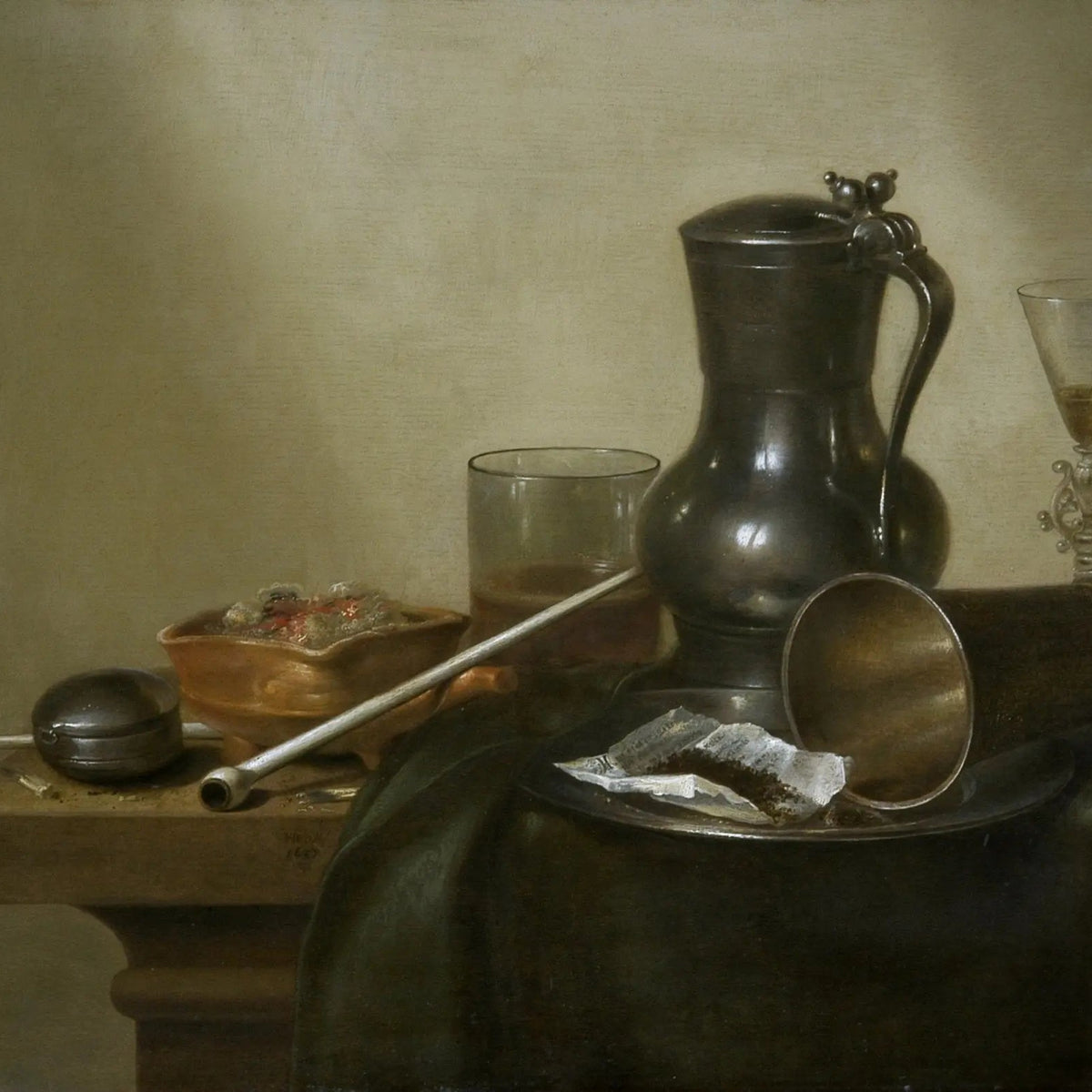 Still Life Oil Painting - Pewter Jug, Glassware and Pipe - Oil Painting Haven