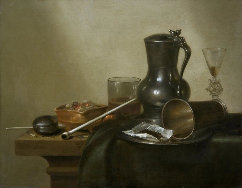 Still Life Oil Painting - Pewter Jug, Glassware and Pipe - Oil Painting Haven