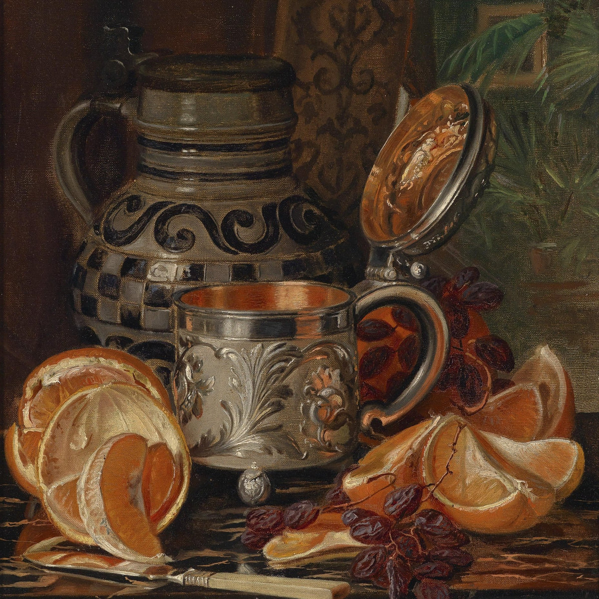 Still Life Oil Painting - Pewter Mug and Oranges - Oil Painting Haven