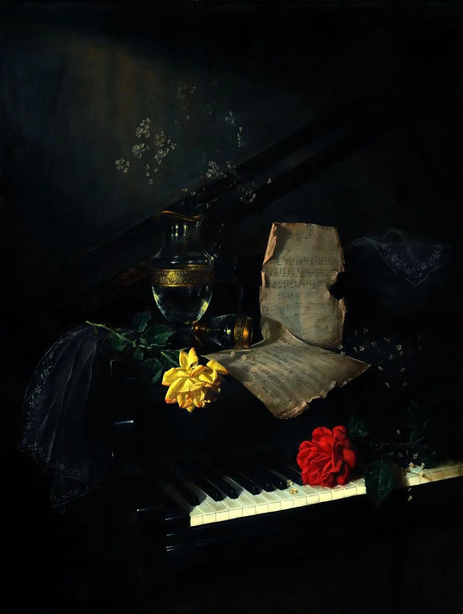 Still Life Oil Painting - Piano, Flowers and Sheet Music - Oil Painting Haven