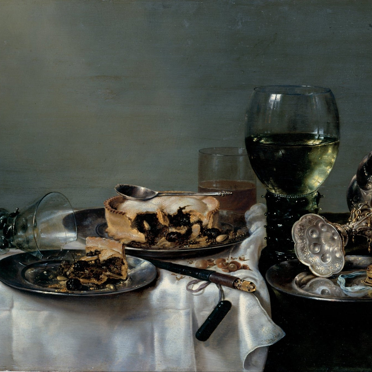 Still Life Oil Painting - Pie, Wine Glass and Silverware - Oil Painting Haven