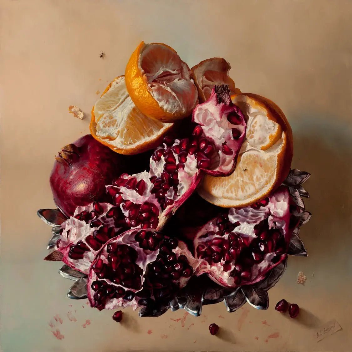Still Life Oil Painting - Pomegranate and Orange Slices - Oil Painting Haven