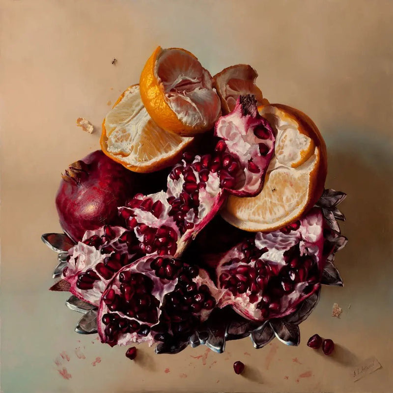 Still Life Oil Painting - Pomegranate and Orange Slices - Oil Painting Haven